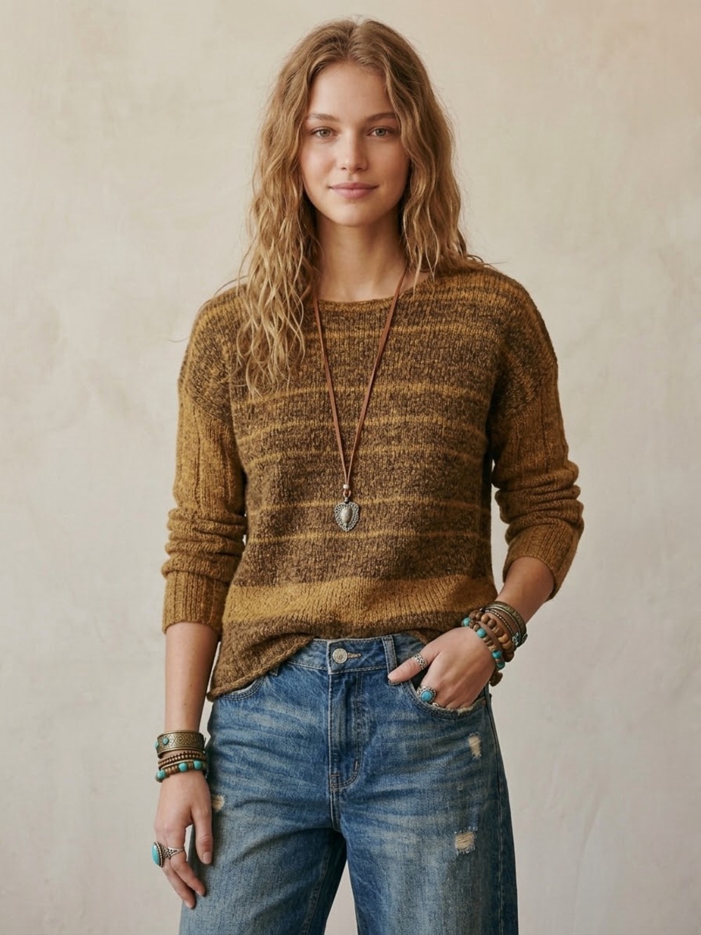 🖤 UNIF Brown & Mustard Striped Wool Blend Loose Knit Grunge Sweater Womens S